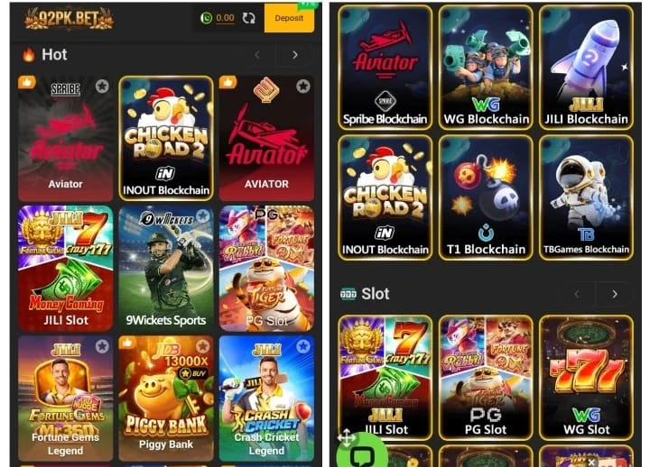 92PK mobile earning game dashboard with rewards and mini games interface