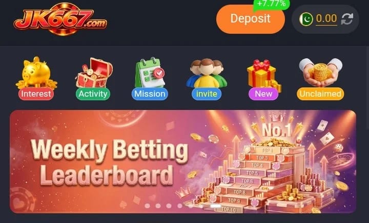 JK667 Game mobile app home screen showing multiple online casino-style games and bonus options