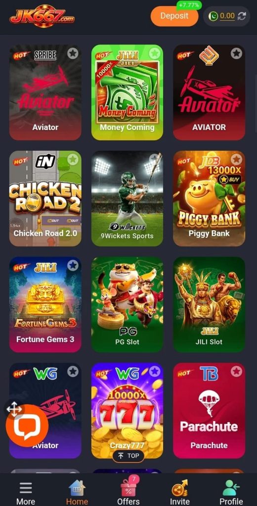 JK667 Game app preview featuring prediction games, casino games, and reward system on mobile screen