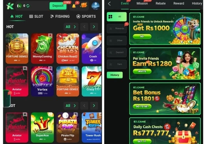K1.Game APK showing online color prediction and lottery games with real money earning options in Pakistan.