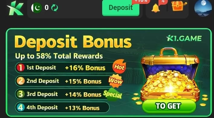 Screenshot of K1.Game APK interface with bonuses, free spins, and referral rewards for daily earning.