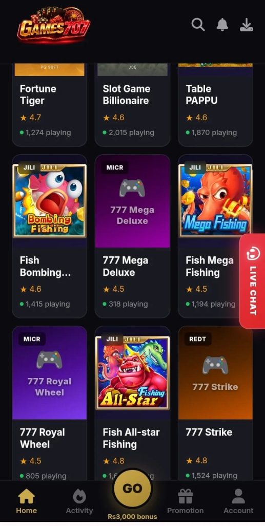 707 Game APK gaming platform interface with slots, prediction games, and cash withdrawal options