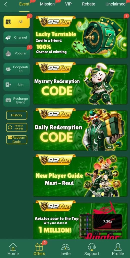 92 Fun Game mobile app showing bonuses and reward system dashboard