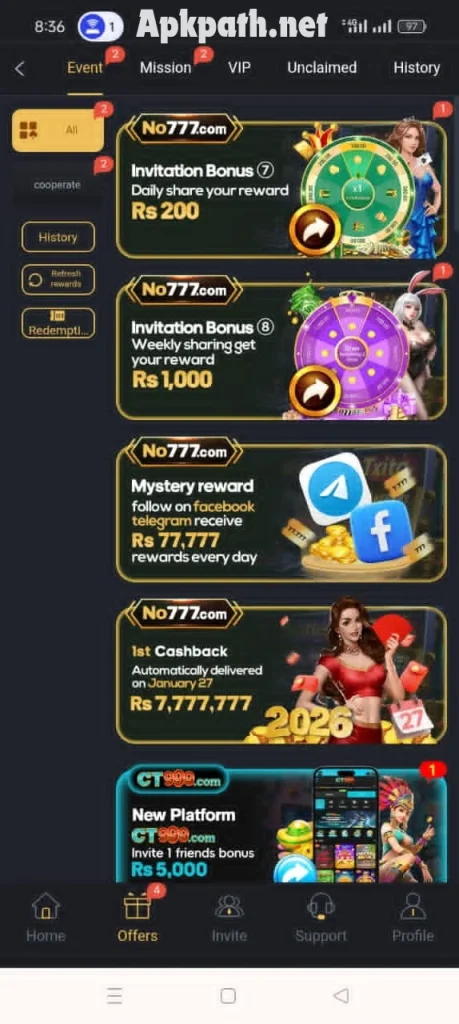 Trusted NO777 Game 2026 interface on smartphone displaying popular games, login screen, and real money wallet balance