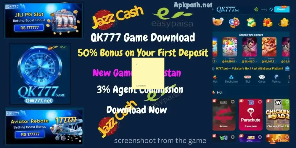 Colorful QK777 Game banner showing cards, dice, and poker chips, highlighting multi-game fun.