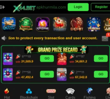 User-friendly interface of X44 Bet Game APK showing registration, login, and daily reward options on Android