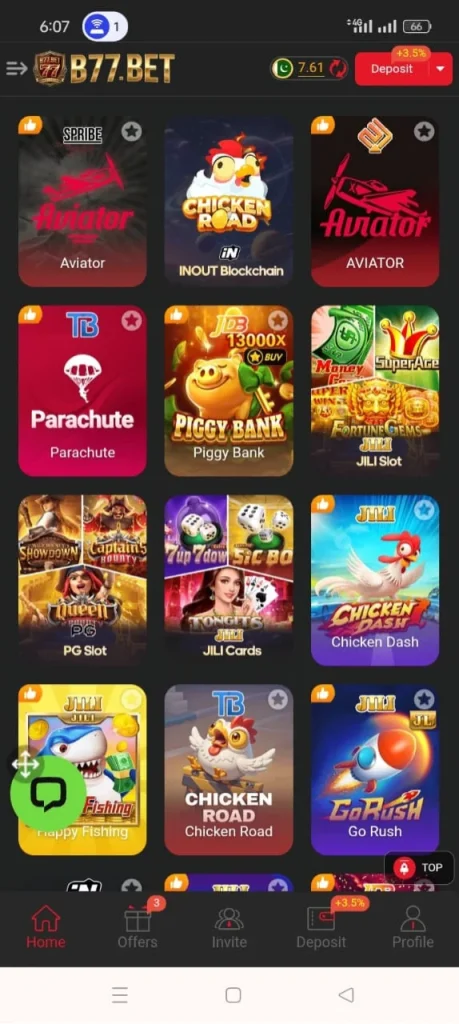 Safe and secure B77.Bet Game APK 2026 screen with deposit and withdrawal options