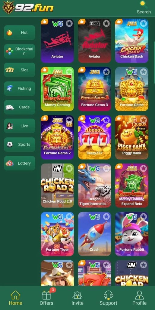 92 Fun Game online earning platform with multiple game categories