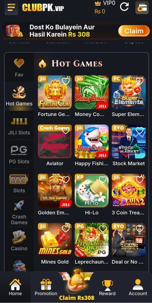 Mobile screen of PakClub Game app with casino-style games and reward system features