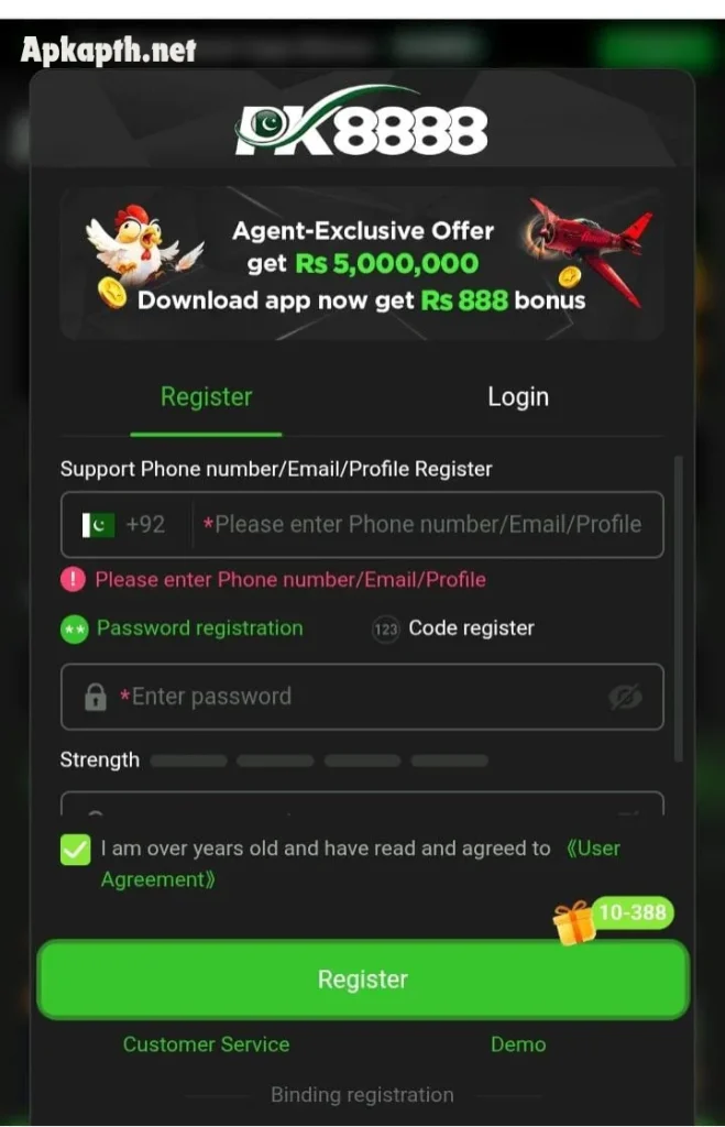 PK8888 Game 2026 home screen with game options on Android