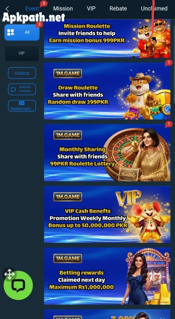 1m.game APK 2026 wallet and bonus system screen