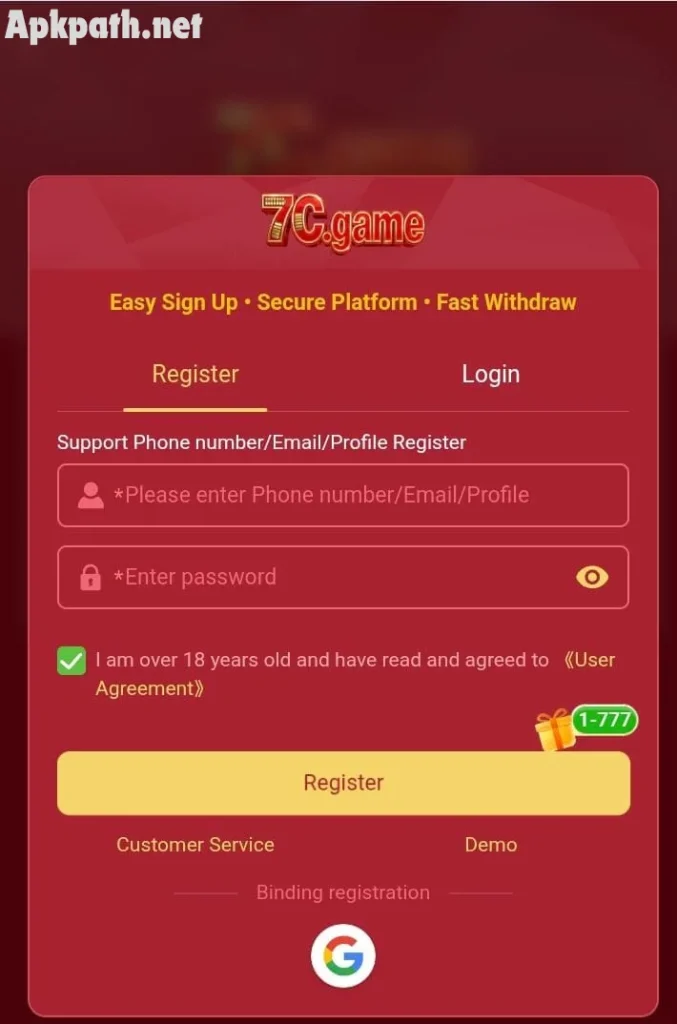 7C Game app dashboard showing secure login and wallet features