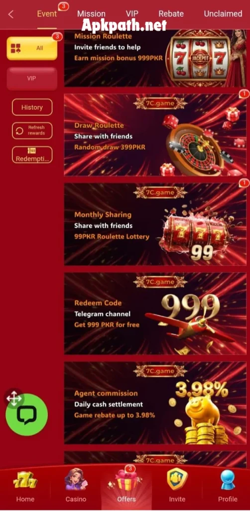 7C Game latest version 2026 Android interface with bonuses