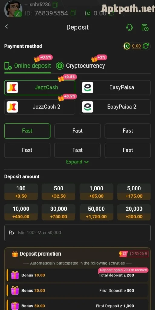PK8888 Game showing wallet and deposit options on Android phone