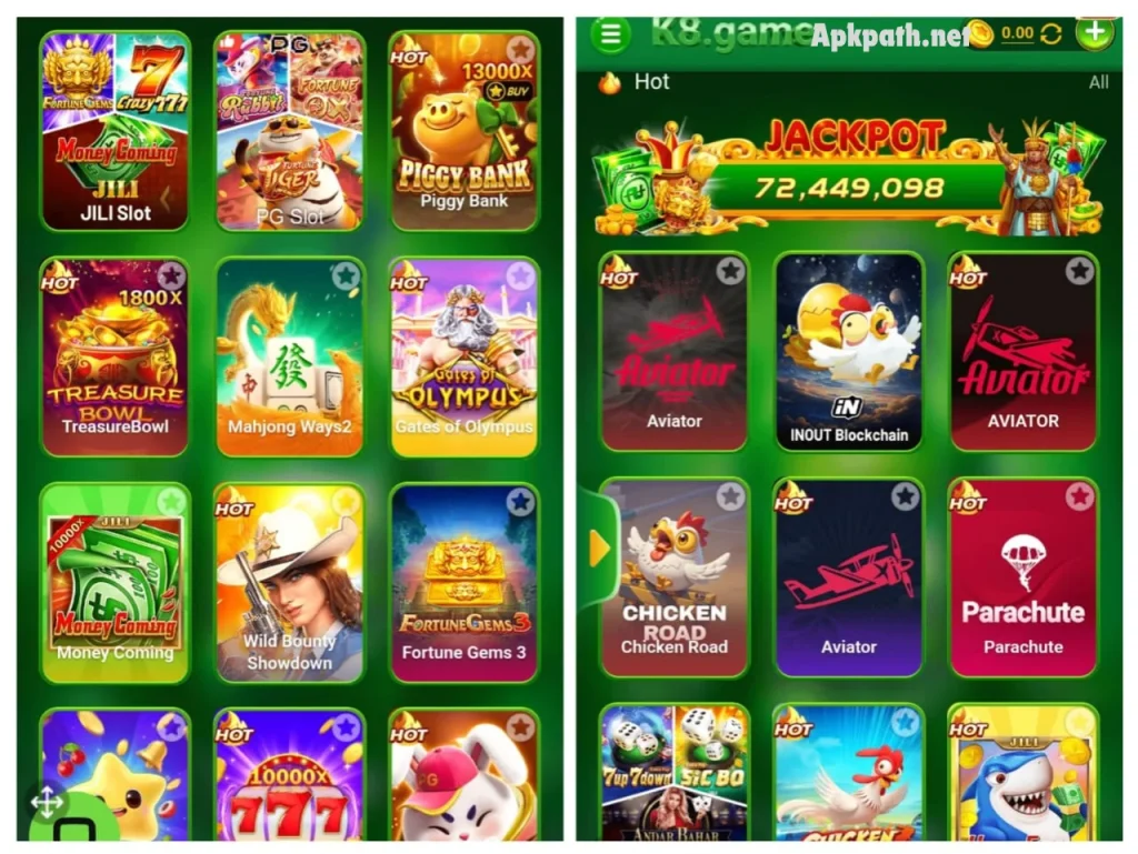 K8 Game 2026 interface with fast-play games, wallet system, and bonuses on Android