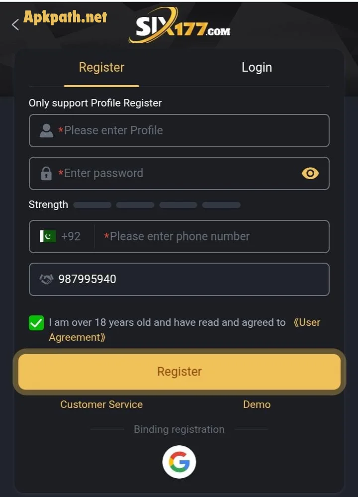 six177 Game APK user-friendly registration and login screen