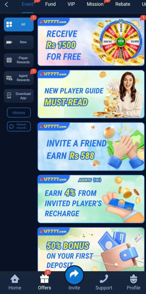 U777 Games APK screenshot showing wallet balance and daily rewards