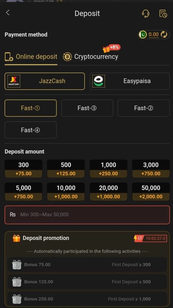 9Win Game APK wallet and deposit screen showing JazzCash and EasyPaisa