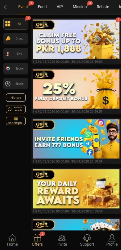 9Win Game APK 2026 daily login rewards and special bonuses 