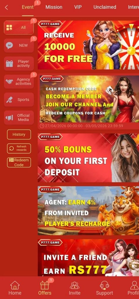 P777 Game login screen with bonus rewards and gameplay