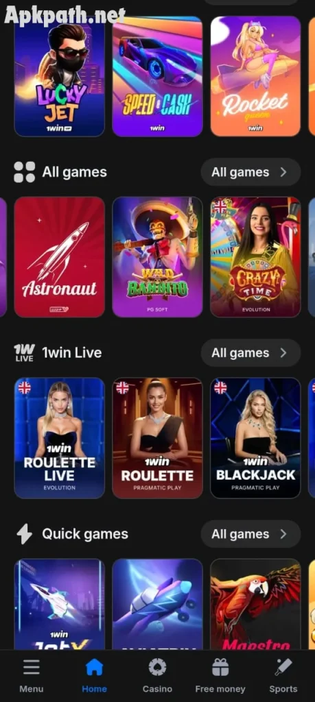 Fortune Gems APK dashboard showing mini games and rewards 2026