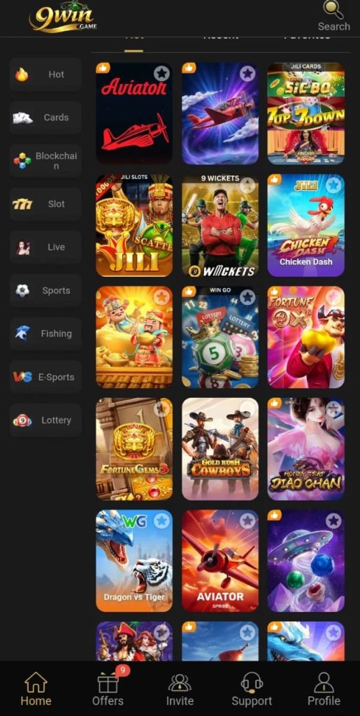 9Win Game APK 2026 list of available games including slots and mini arcade