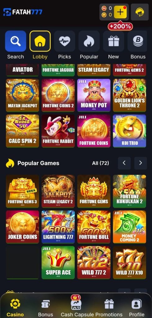 Fatah 777 APK Android gameplay and rewards screen