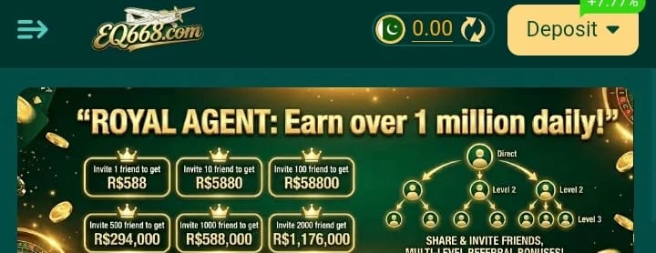 EQ668 Game APK online earning platform screenshot showing games, bonuses, and fast withdrawal options