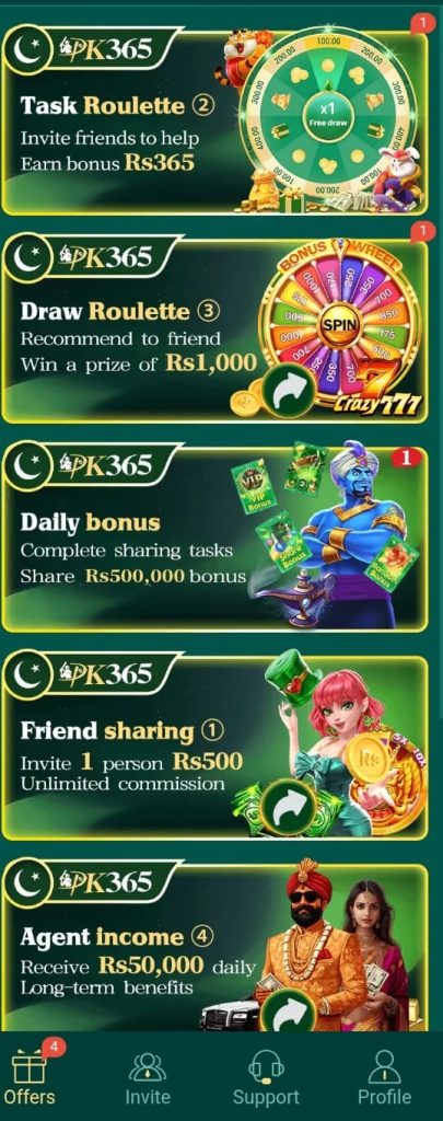 Android screen showing PK365 Game APK latest version 2026 with mini games, rewards system, and user dashboard