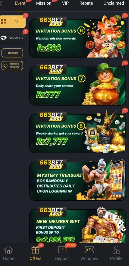 Android interface of 663Bet Game APK highlighting rewards and bonuses