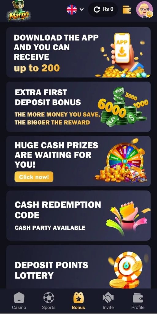 Margo Game mobile earning app dashboard displaying color prediction game, lottery options, and online money earning features in Pakistan