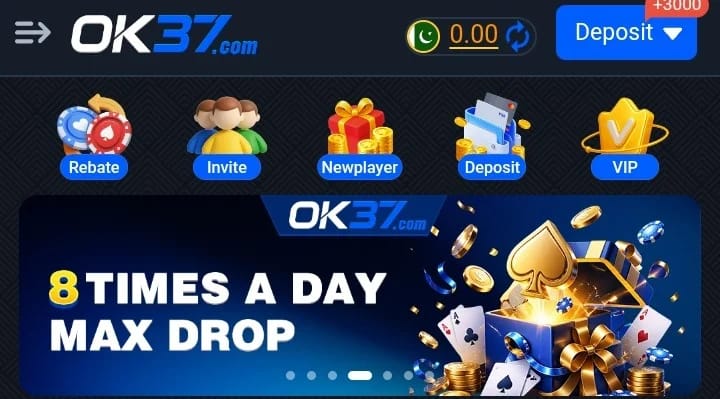 OK37 Game APK 2026 Android app dashboard showing simple gaming interface and quick play options