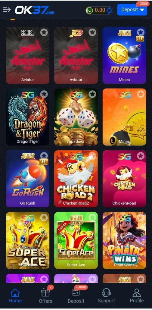 Clean and lightweight OK37 Game APK 2026 version showing user-friendly home screen and game features